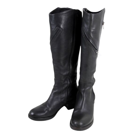 Vera Wang BLACK GENUINE LEATHER TALL MID HEEL RIDING BOOTS MOTO SHOES SIZE 8M - Picture 2 of 11